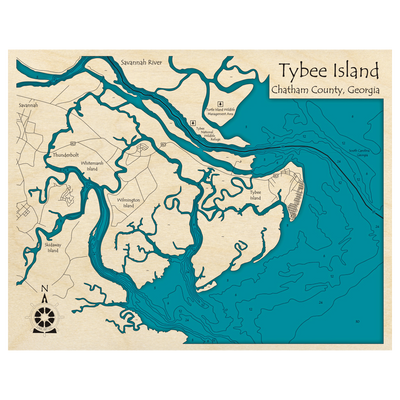 Bathymetric topo map of Tybee Island Region, GA with roads, towns and depths noted in blue water.