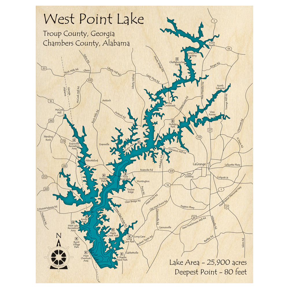Bathymetric topo map of West Point Lake (AL, GA) with roads, towns and depths noted in blue water.