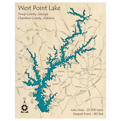 Bathymetric topo map of West Point Lake (AL, GA) with roads, towns and depths noted in blue water.
