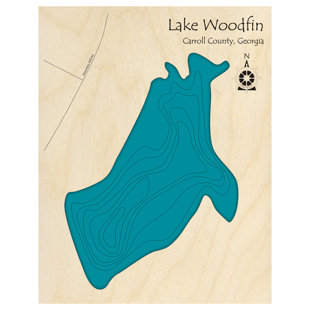 Bathymetric topo map of Lake Woodfin, GA with roads, towns and depths noted in blue water.