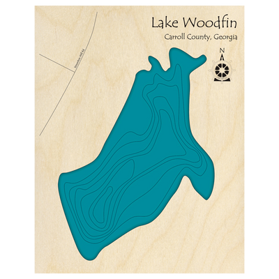 Bathymetric topo map of Lake Woodfin, GA with roads, towns and depths noted in blue water.
