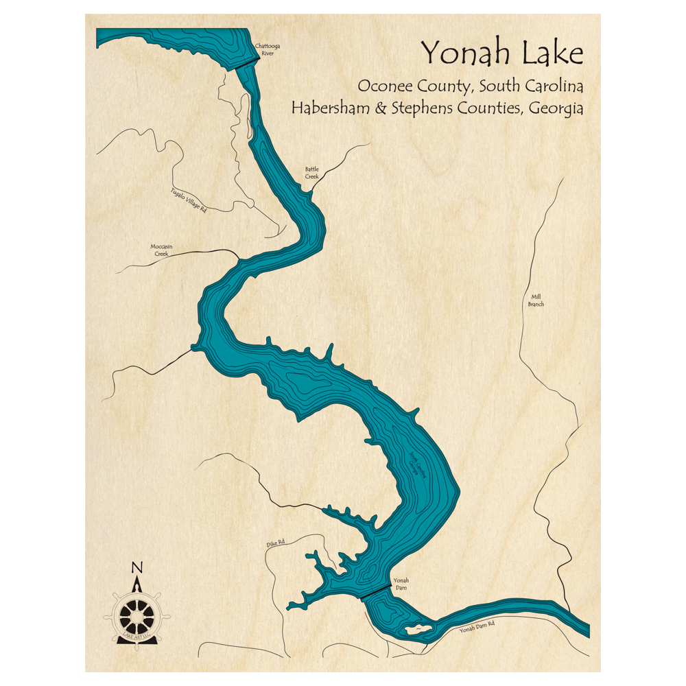 Bathymetric topo map of Yonah Lake (GA, SC) with roads, towns and depths noted in blue water.