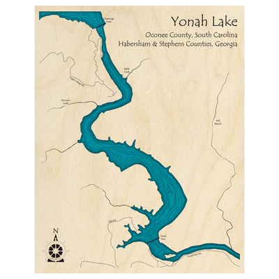 Bathymetric topo map of Yonah Lake (GA, SC) with roads, towns and depths noted in blue water.