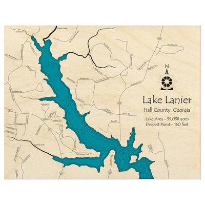 Bathymetric topo map of Lake Lanier, GA with roads, towns and depths noted in blue water.