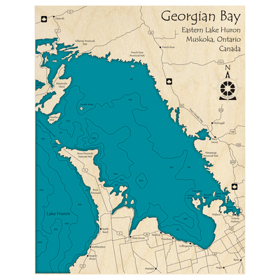 Bathymetric topo map of Georgian Bay of Lake Huron with roads, towns and depths noted in blue water.