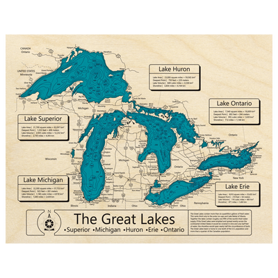 Bathymetric topo map of the Great Lakes with roads, towns and depths noted in blue water.