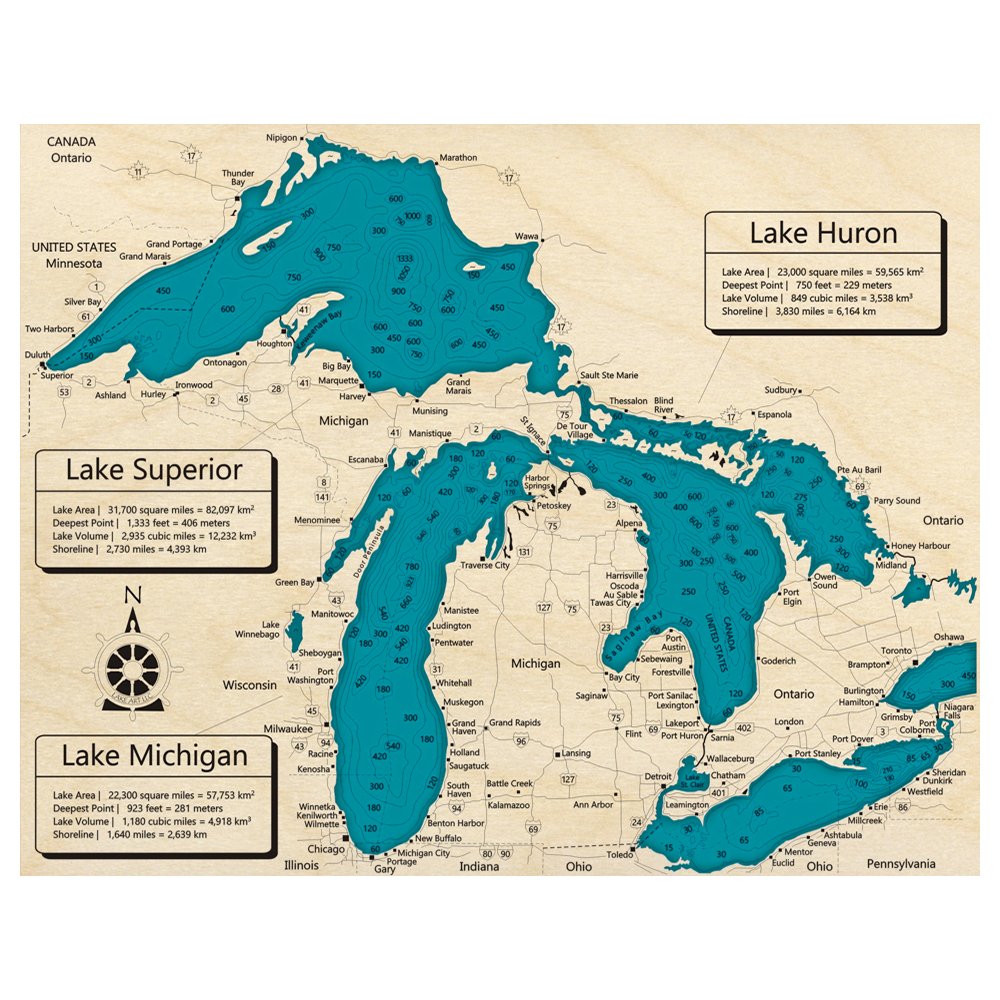 Bathymetric topo map of Lake Superior with roads, towns and depths noted in blue water.