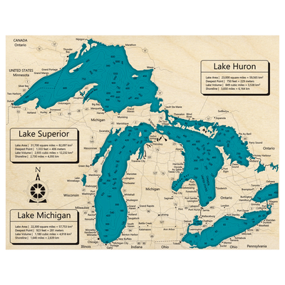 Bathymetric topo map of Lake Superior with roads, towns and depths noted in blue water.