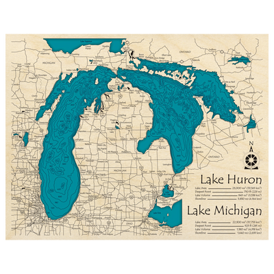 Bathymetric topo map of Lake Michigan and Lake Huron with roads, towns and depths noted in blue water.