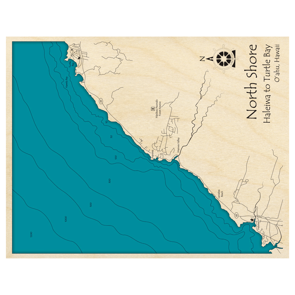 Bathymetric topo map of Haleiwa to Turtle Bay, HI with roads, towns and depths noted in blue water.
