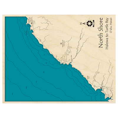 Bathymetric topo map of Haleiwa to Turtle Bay, HI with roads, towns and depths noted in blue water.