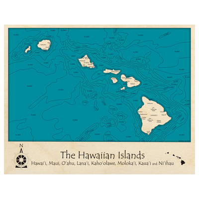 Bathymetric topo map of The Hawaiian Islands, HI with roads, towns and depths noted in blue water.