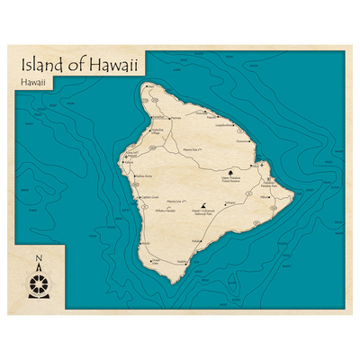Bathymetric topo map of Island of Hawaii, HI with roads, towns and depths noted in blue water.