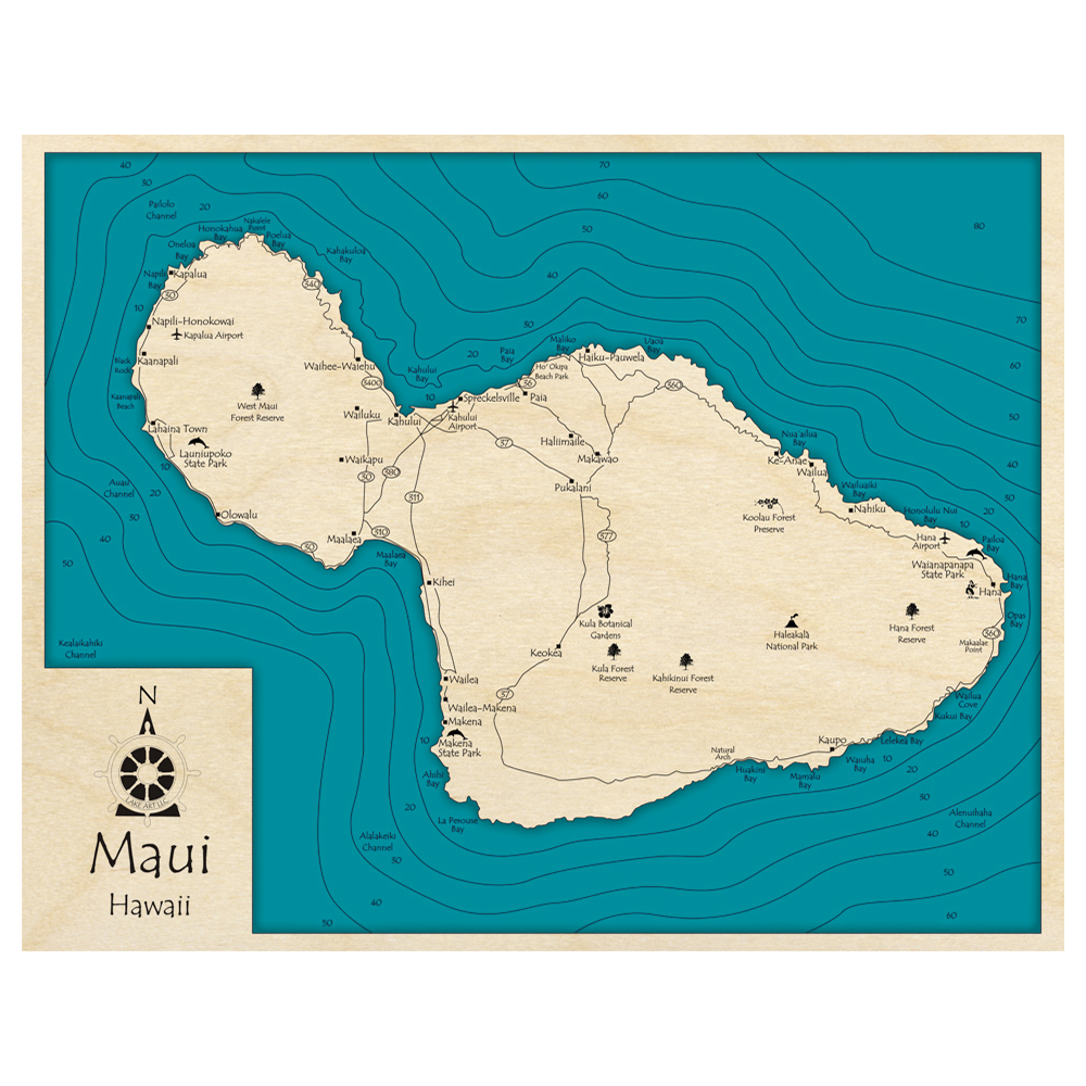 Bathymetric topo map of Maui Island, HI with roads, towns and depths noted in blue water.