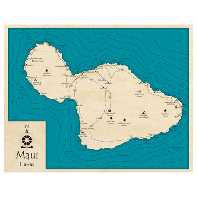 Bathymetric topo map of Maui Island, HI with roads, towns and depths noted in blue water.