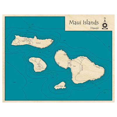 Bathymetric topo map of Maui Islands, HI with roads, towns and depths noted in blue water.