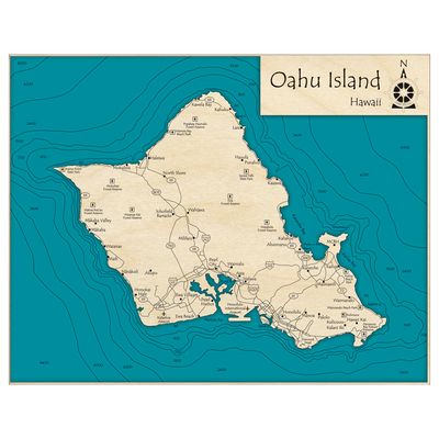Bathymetric topo map of Oahu Island, HI with roads, towns and depths noted in blue water.