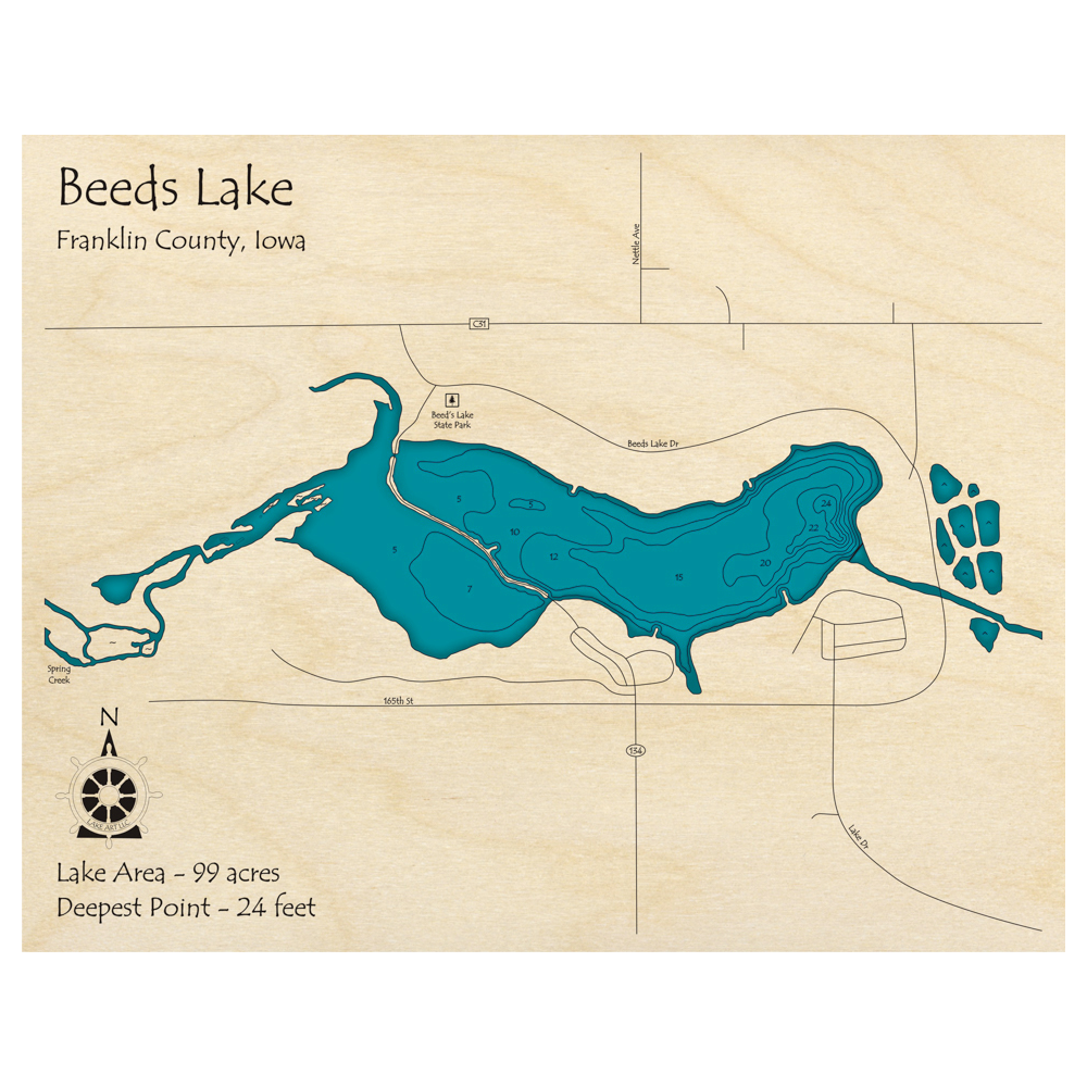 Bathymetric topo map of Beeds Lake, IA with roads, towns and depths noted in blue water.