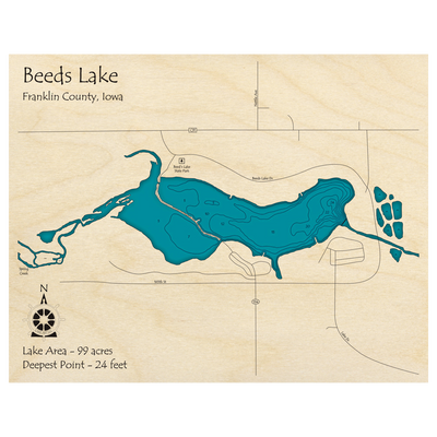 Bathymetric topo map of Beeds Lake, IA with roads, towns and depths noted in blue water.