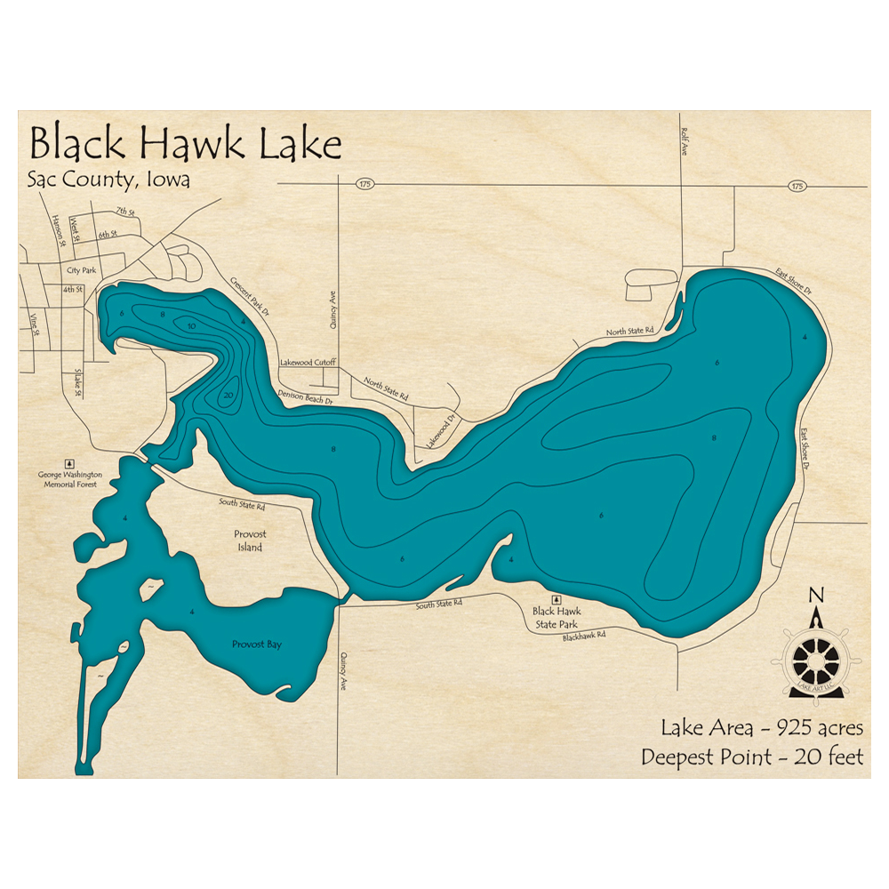 Bathymetric topo map of Black Hawk Lake, IA with roads, towns and depths noted in blue water.