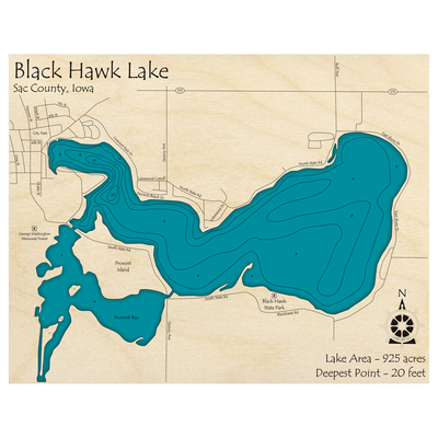 Bathymetric topo map of Black Hawk Lake, IA with roads, towns and depths noted in blue water.