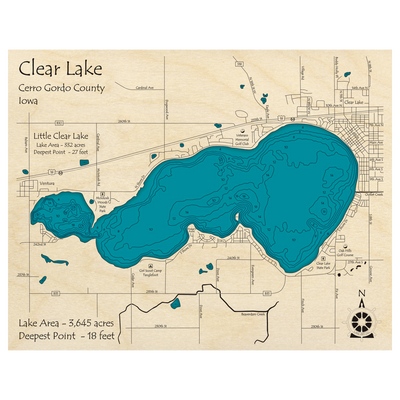 Bathymetric topo map of Clear Lake, IA with roads, towns and depths noted in blue water.