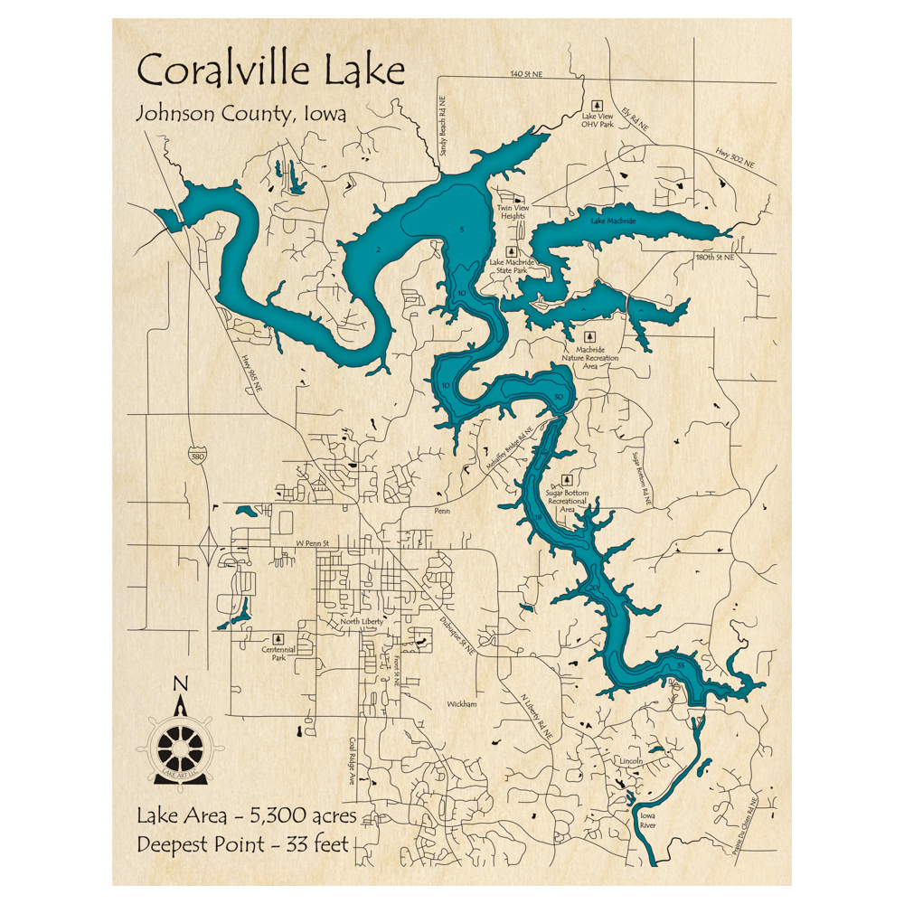 Bathymetric topo map of Coralville Lake, IA with roads, towns and depths noted in blue water.