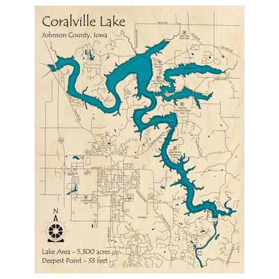 Bathymetric topo map of Coralville Lake, IA with roads, towns and depths noted in blue water.
