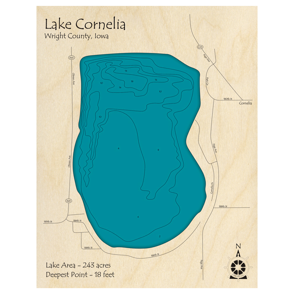 Bathymetric topo map of Lake Cornelia, IA with roads, towns and depths noted in blue water.
