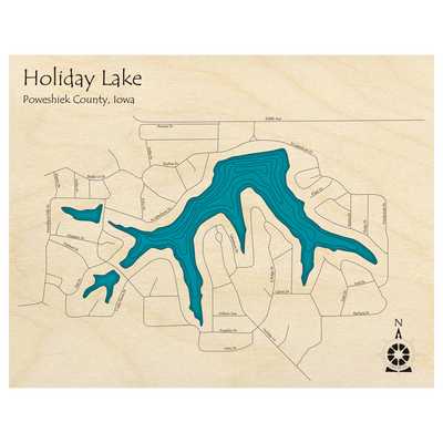 Bathymetric topo map of Holiday Lake, IA with roads, towns and depths noted in blue water.