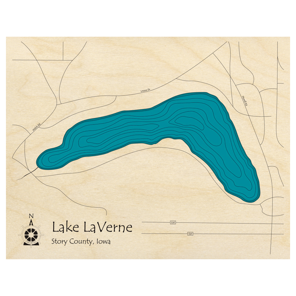 Bathymetric topo map of Lake LaVerne, IA with roads, towns and depths noted in blue water.