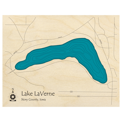 Bathymetric topo map of Lake LaVerne, IA with roads, towns and depths noted in blue water.