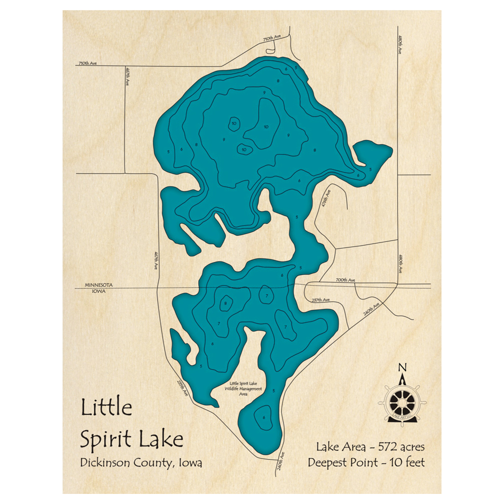 Bathymetric topo map of Little Spirit Lake, IA with roads, towns and depths noted in blue water.