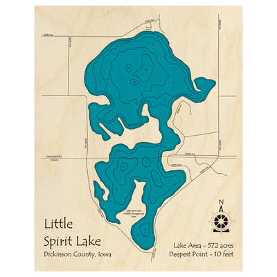Bathymetric topo map of Little Spirit Lake, IA with roads, towns and depths noted in blue water.
