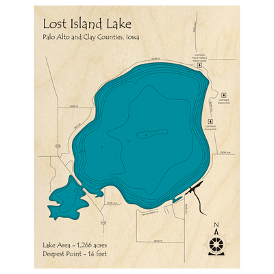Bathymetric topo map of Lost Island Lake, IA with roads, towns and depths noted in blue water.