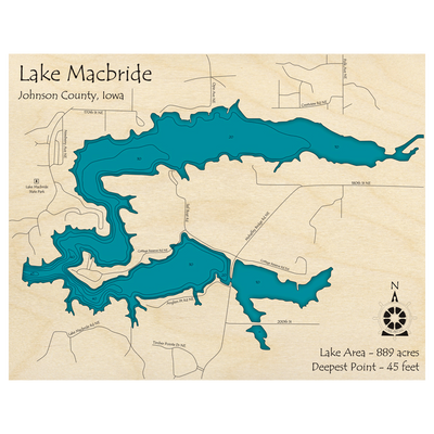 Bathymetric topo map of Lake MacBride, IA with roads, towns and depths noted in blue water.