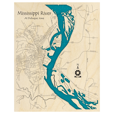 Bathymetric topo map of Mississippi River, IA with roads, towns and depths noted in blue water.