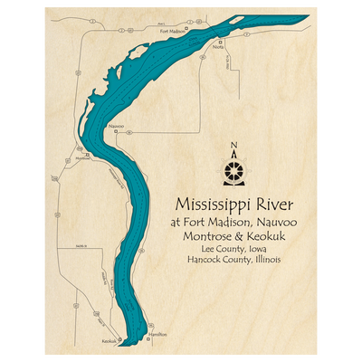 Bathymetric topo map of Mississippi River (IA, IL) with roads, towns and depths noted in blue water.