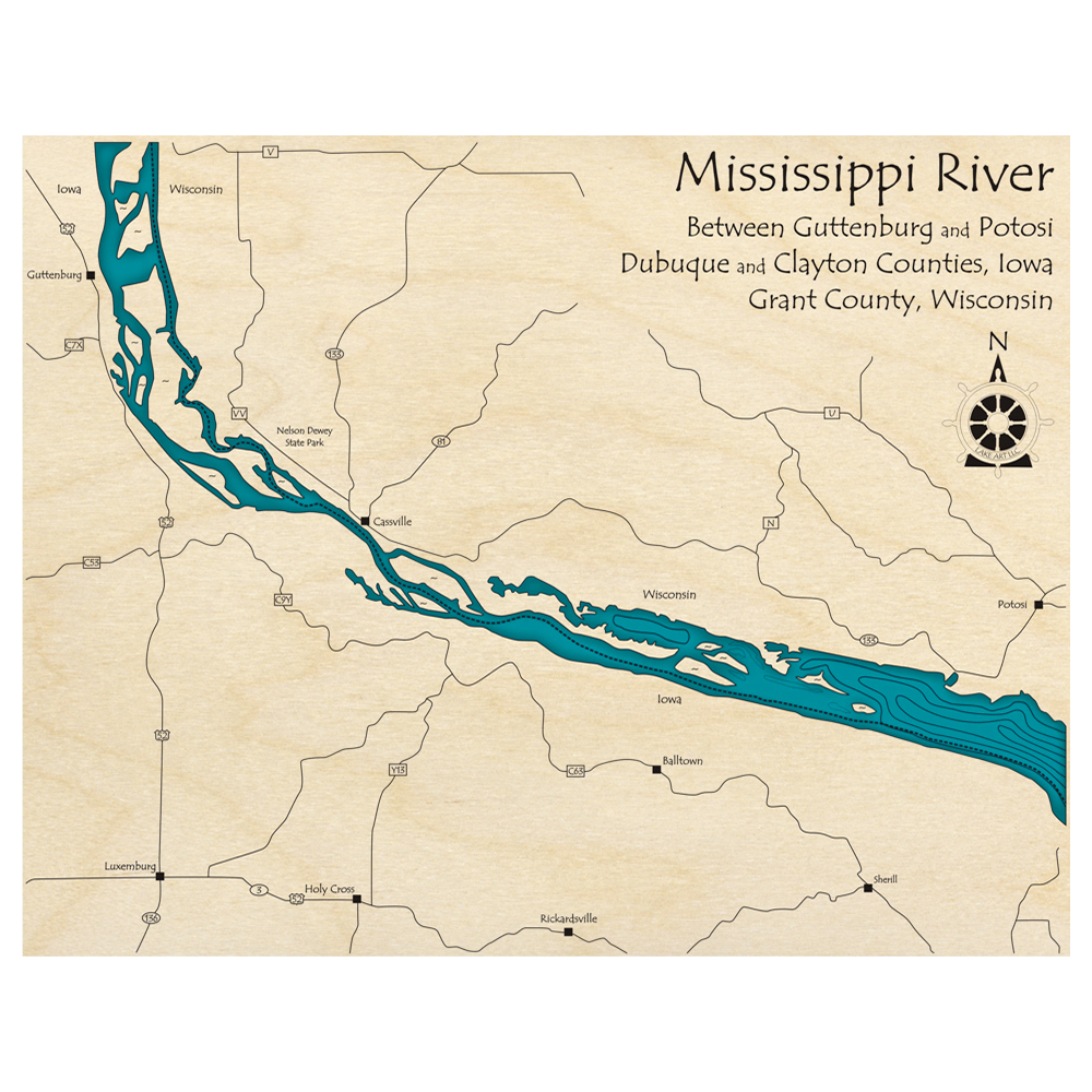 Bathymetric topo map of Mississippi River (IA, WI) with roads, towns and depths noted in blue water.