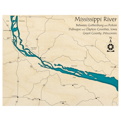Bathymetric topo map of Mississippi River (IA, WI) with roads, towns and depths noted in blue water.