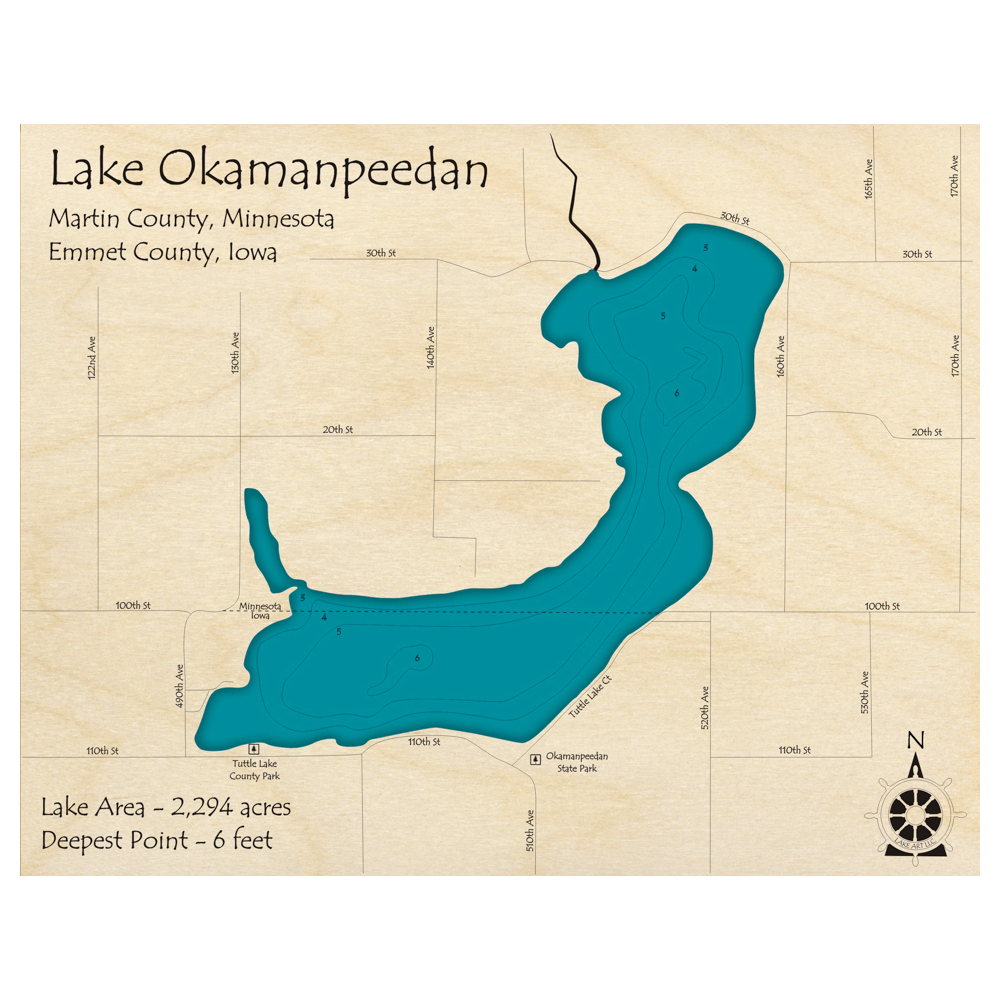 Bathymetric topo map of Lake Okamanpeedan (IA, MN) with roads, towns and depths noted in blue water.