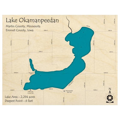 Bathymetric topo map of Lake Okamanpeedan (IA, MN) with roads, towns and depths noted in blue water.
