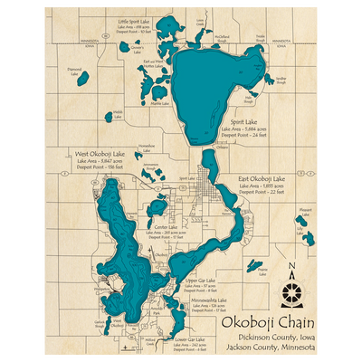 Bathymetric topo map of Okoboji Chain of Lakes, IA with roads, towns and depths noted in blue water.