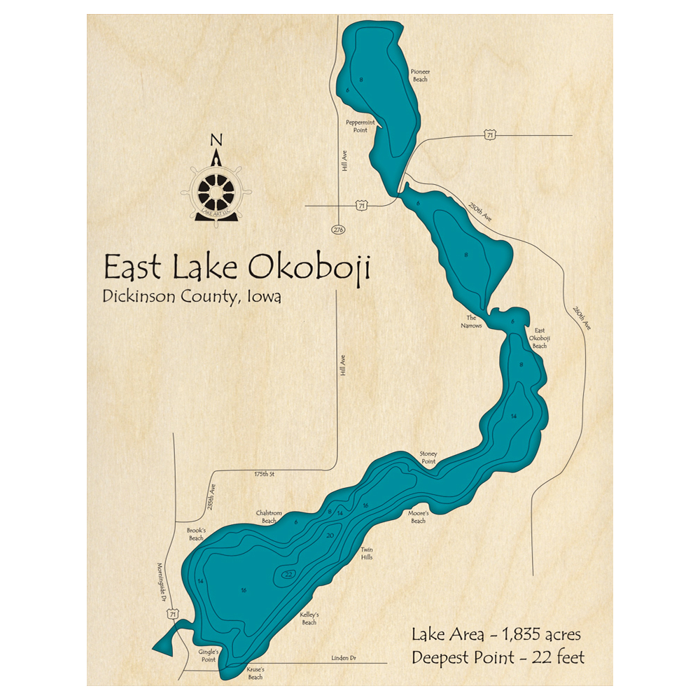Bathymetric topo map of Lake Okoboji, IA with roads, towns and depths noted in blue water.