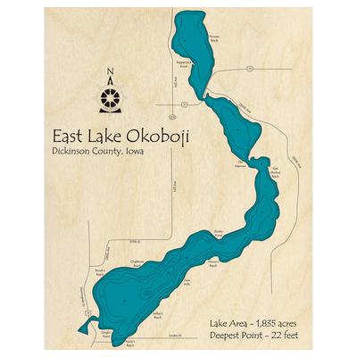 Bathymetric topo map of Lake Okoboji, IA with roads, towns and depths noted in blue water.