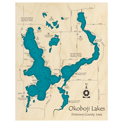 Bathymetric topo map of Lake Okoboji, IA with roads, towns and depths noted in blue water.