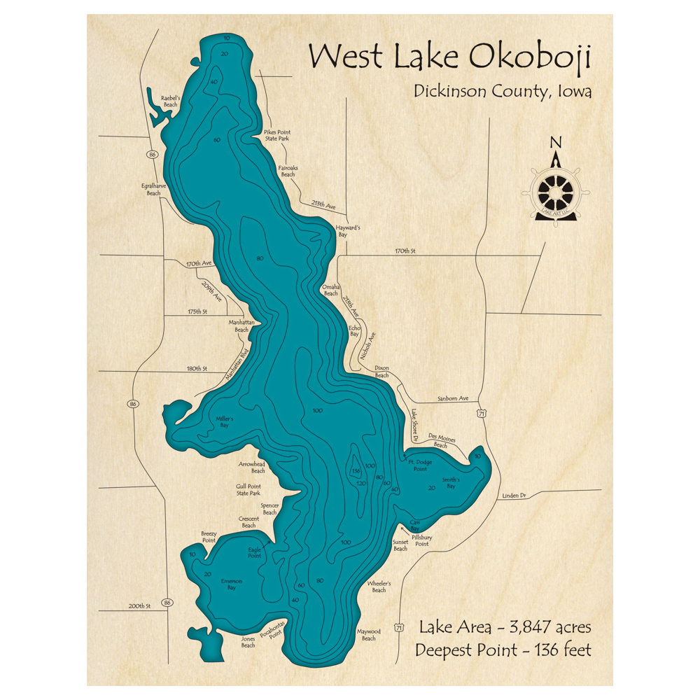 Bathymetric topo map of Lake Okoboji, IA with roads, towns and depths noted in blue water.