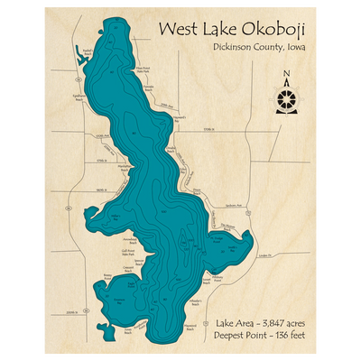 Bathymetric topo map of Lake Okoboji, IA with roads, towns and depths noted in blue water.