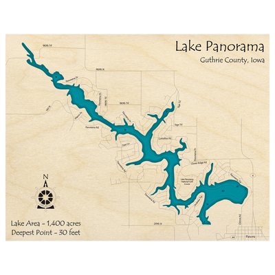 Bathymetric topo map of Lake Panorama, IA with roads, towns and depths noted in blue water.