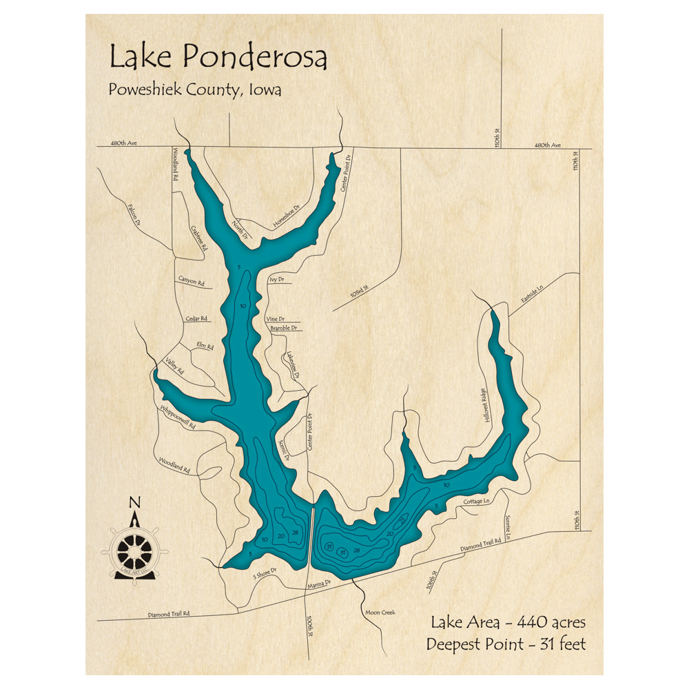 Bathymetric topo map of Lake Ponderosa, IA with roads, towns and depths noted in blue water.